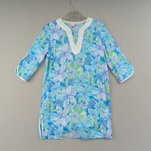 Lilly Pulitzer Cover-Up Dress Women S Blue Green Floral Cotton 3/4 Sleeve Resort